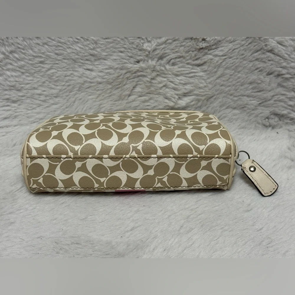 Coach Beige Signature Cosmetic Case with Pink Center Stripe - Picture 3 of 8